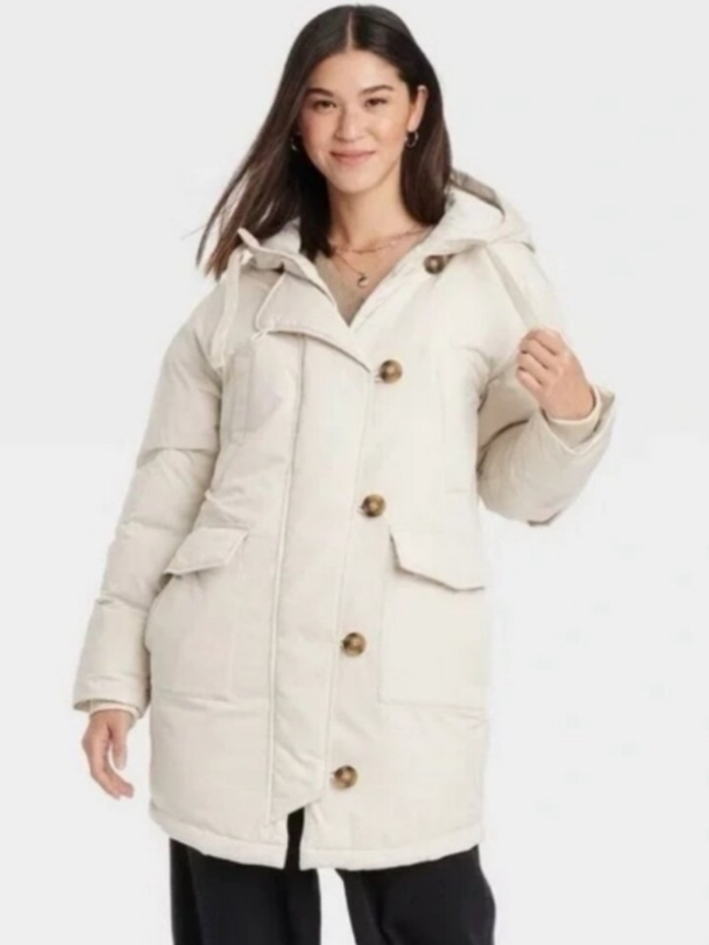 Universal Thread Cream Hooded Puffer Jacket- Size:M